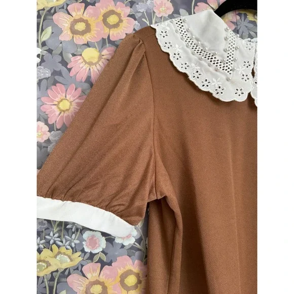 Lipsy Brown White Contrast Peter Pan Collar Pearl Embellished Top XL - Picture 5 of 13